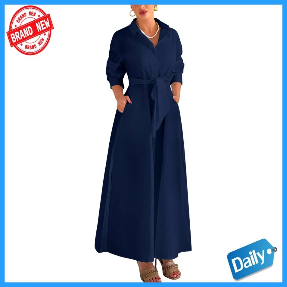Oversized Button Down Maxi Dress Long Sleeve Side Slit Pockets Belt Chic